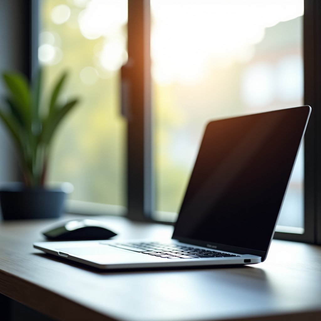 A professional workspace with a thin laptop open, clean aesthetic, minimalist desk setup, soft sunlight, shallow depth of field, 4:3 aspect ratio.