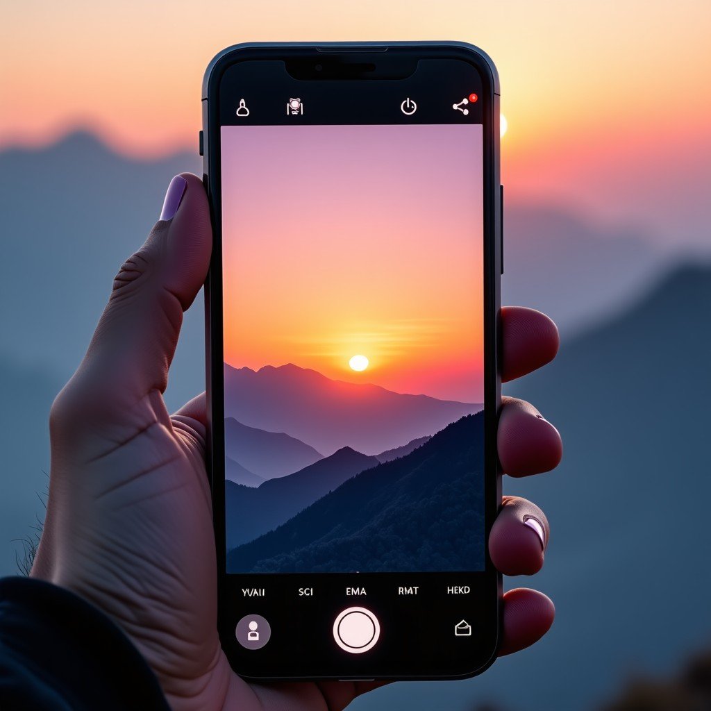 Close-up of a smartphone screen showing AI-powered photo enhancement interface, landscape photography, vibrant colors, clean aesthetic, 4:3