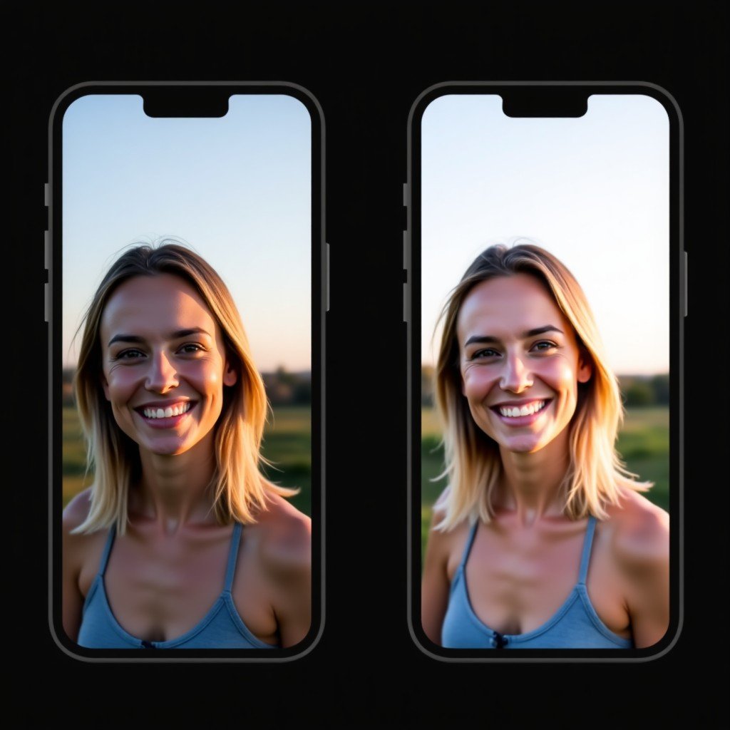 Split screen comparison showing before and after photo editing, focusing on lighting and texture improvements, modern mobile interface, 4:3