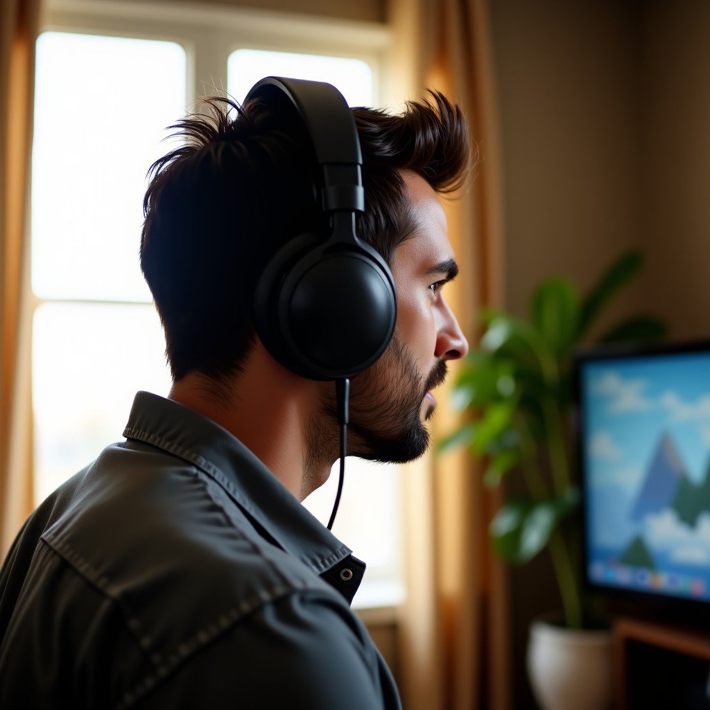 A person wearing premium over-ear headphones in a cozy living room, natural sunlight through a window, authentic lifestyle photography, 4:3 aspect ratio.