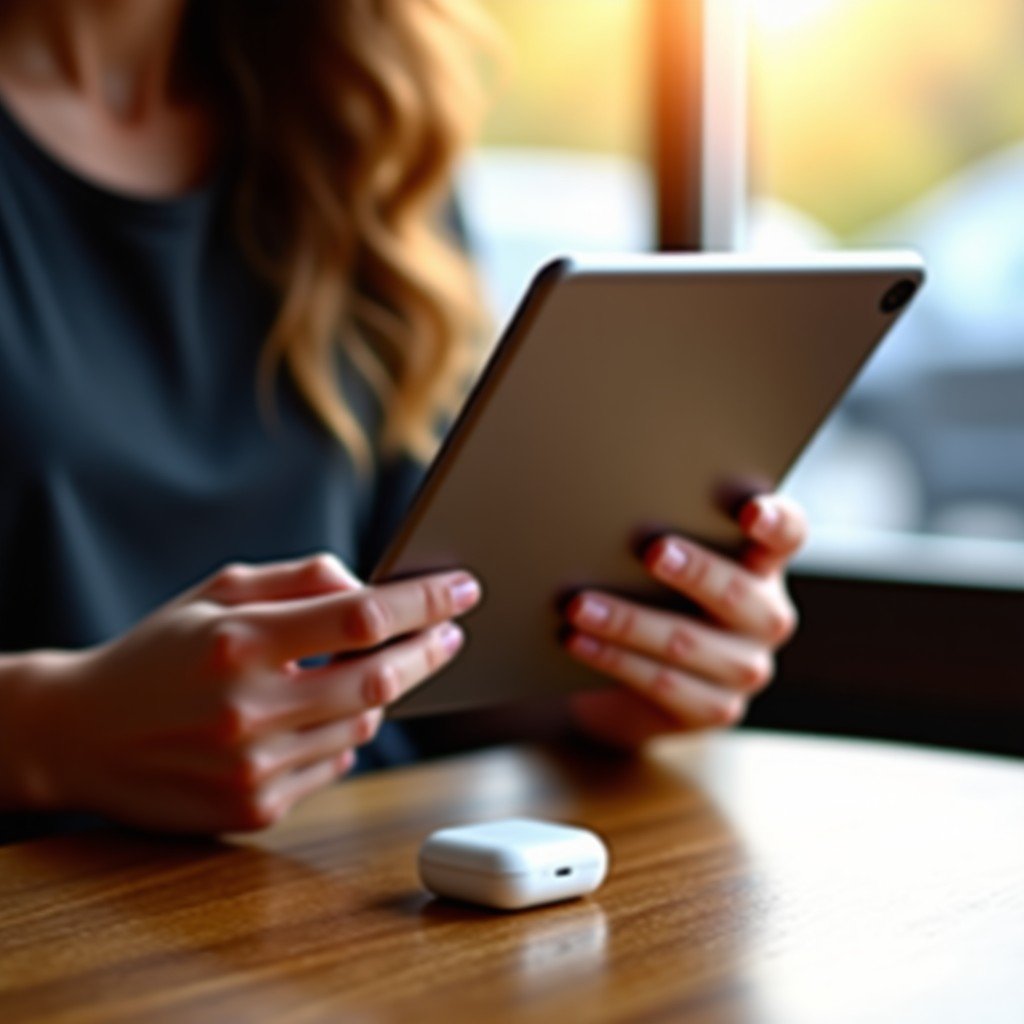 A person holding a slim tablet in a cozy cafe, wireless earbuds on the table, warm sunlight filtering through, lifestyle photography, 4:3