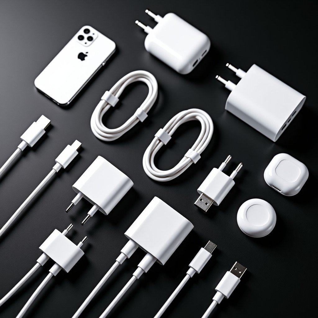 An organized collection of tech accessories including USB-C cables, power adapters, and chargers arranged neatly on a dark textured surface, professional product photography, 4:3