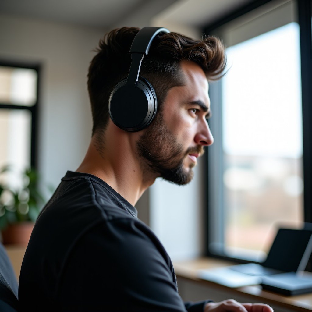 A professional person wearing high-quality headphones in a modern minimalist interior, lifestyle photography, 4:3.