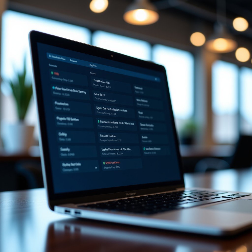 Close-up shot of a modern laptop screen displaying tech specifications, blurred background of a brightly lit office, high-end photography, 4:3