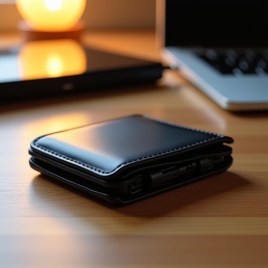 A stylish MagSafe wallet with retro computer inspired design, high-quality material, soft ambient light, lifestyle photography, 4:3