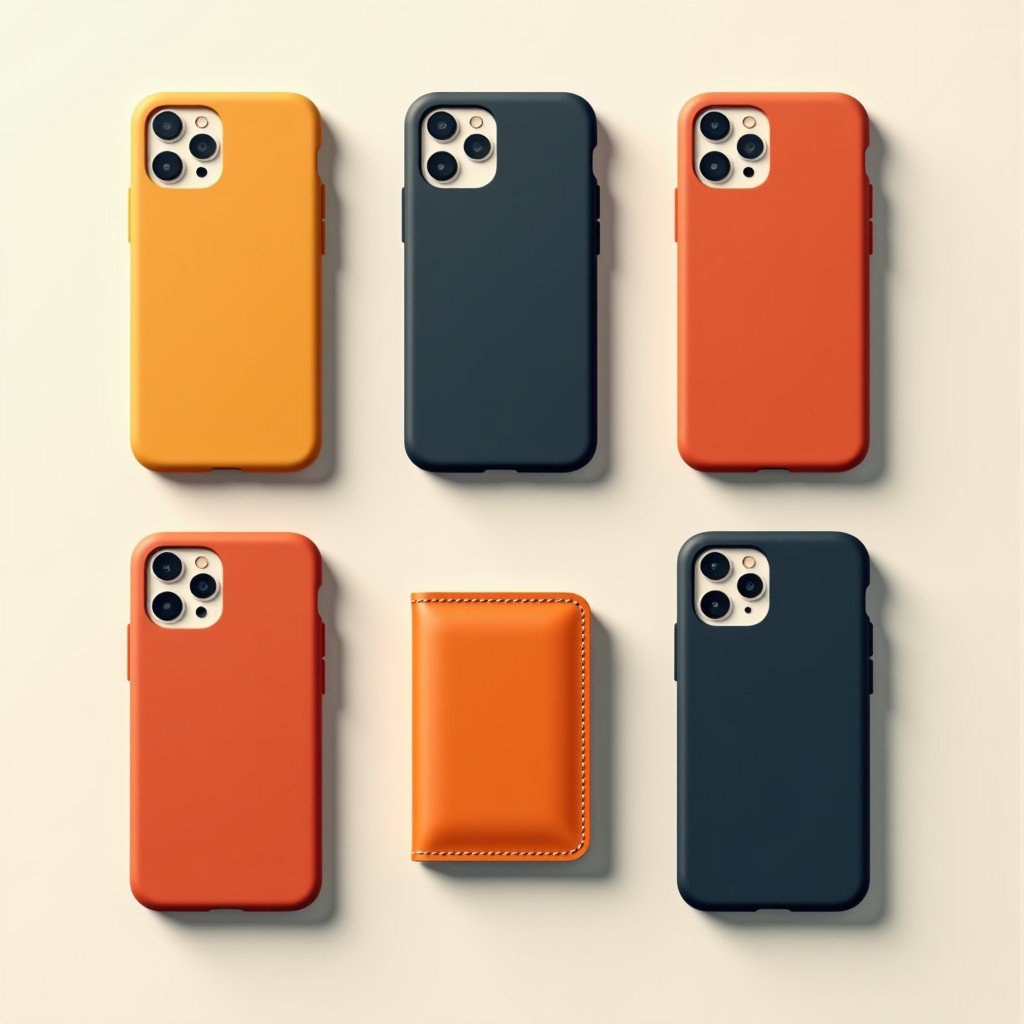 A complete set of Apple accessories with retro design, including phone case and wallet, clean aesthetic, top-down view, 4:3