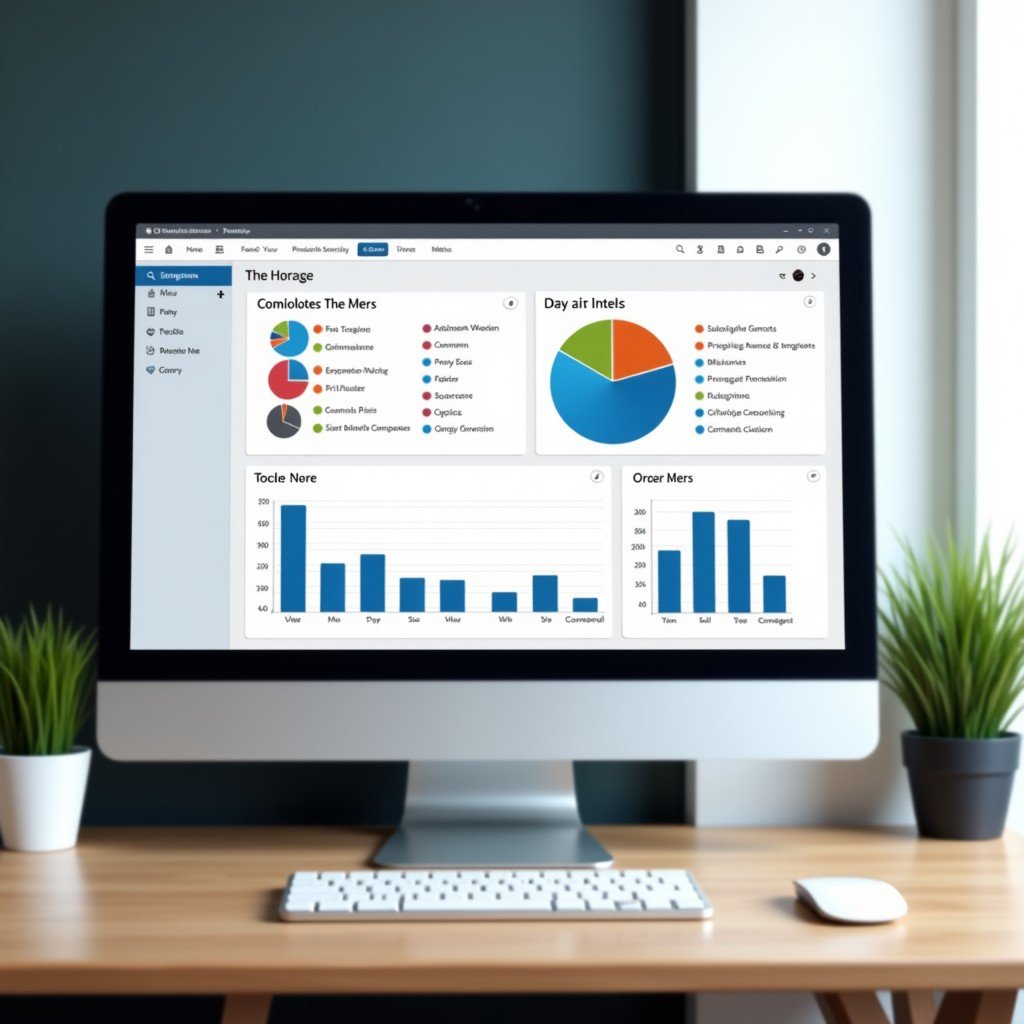 A clean desk setup with a monitor displaying organized digital folders and systematic data charts, modern workspace aesthetic, high resolution, 4:3