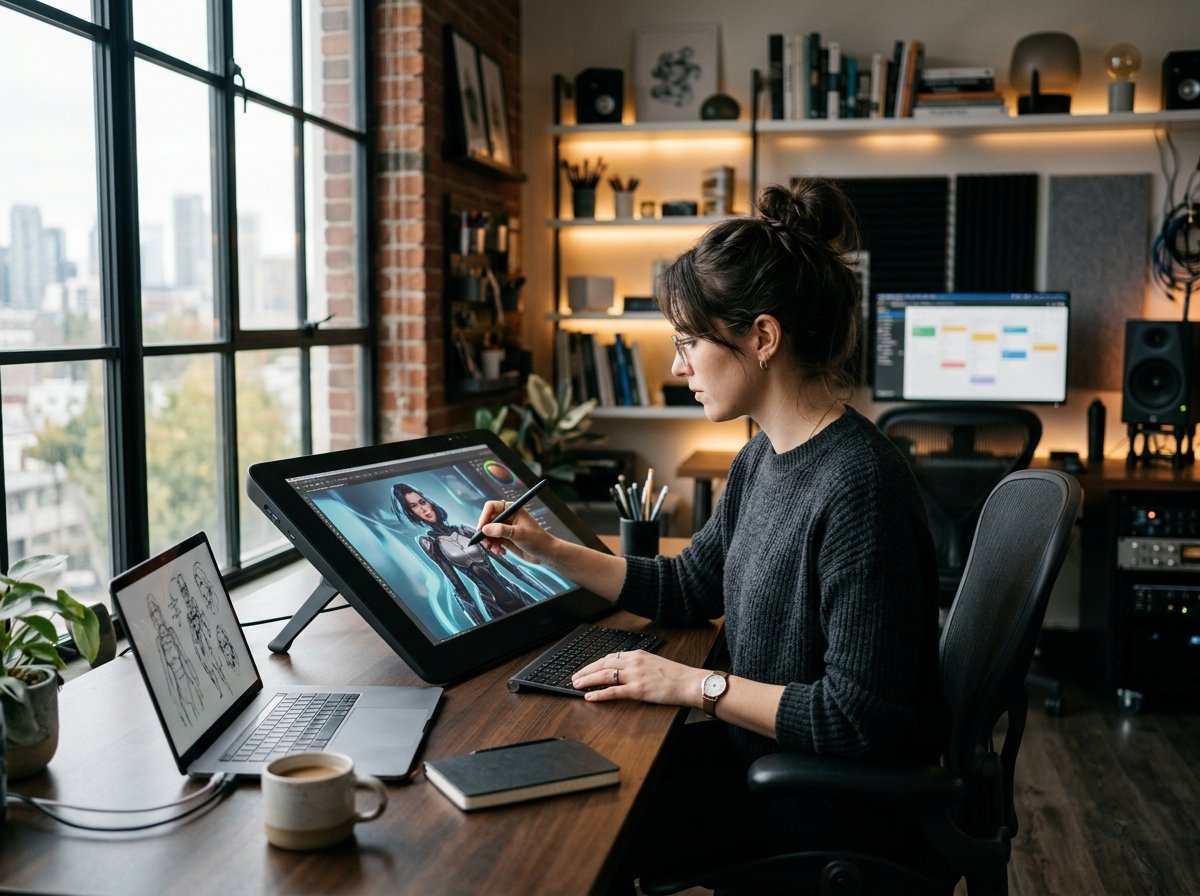 태블릿 활용하는 크리에이터 모습