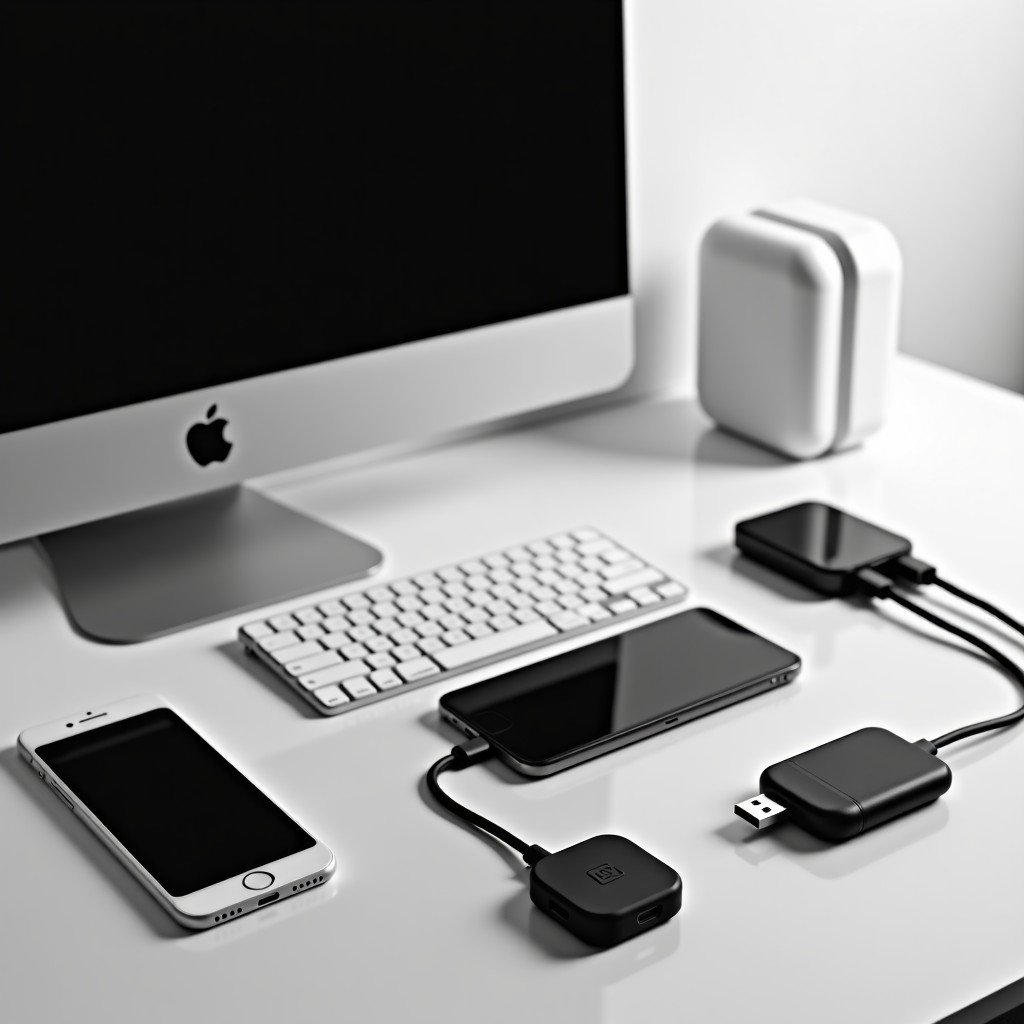 Organized tech gadgets on a desk, USB cables, compact chargers, minimalist photography, high contrast, 4:3