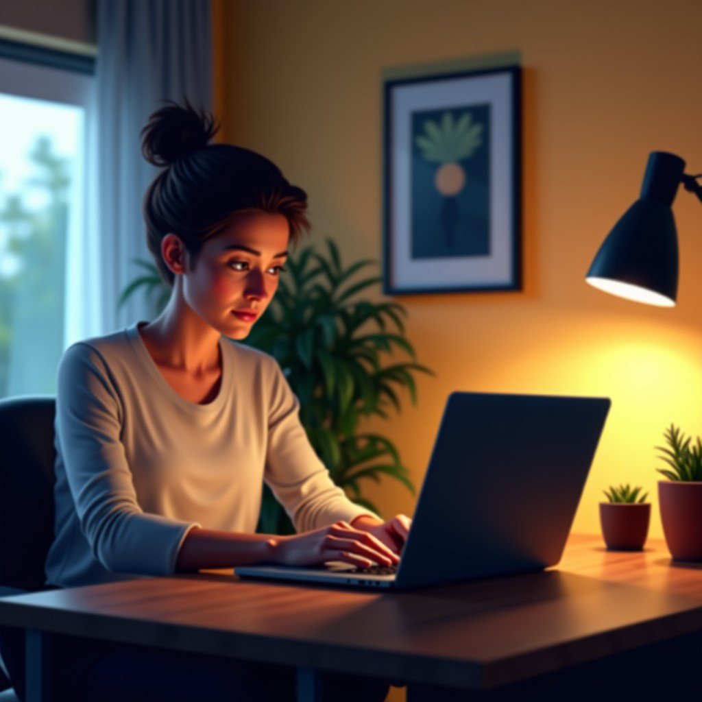 A person working on a high-end laptop in a modern home office with warm ambient lighting, natural expression, realistic style, 4:3