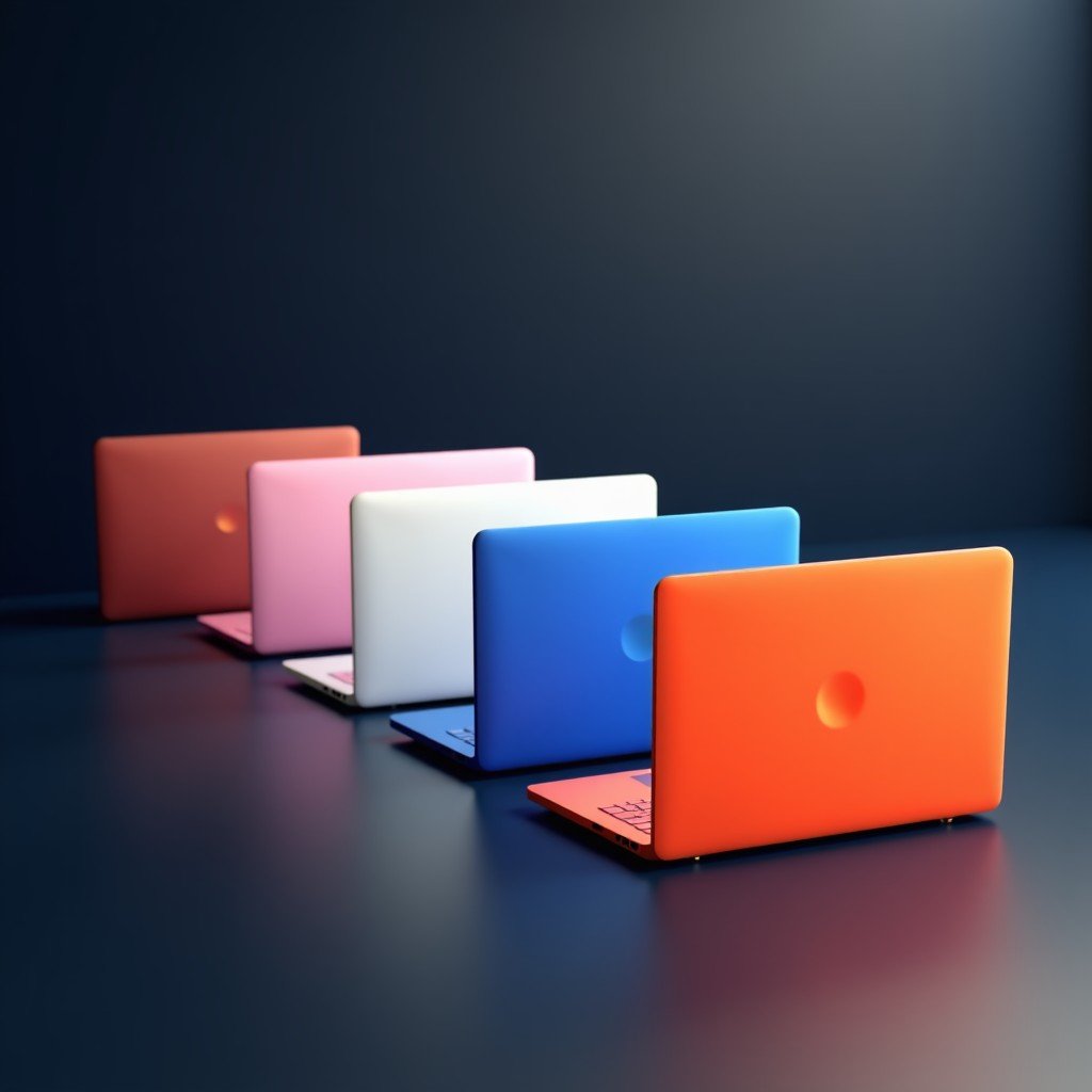 Minimalist composition of several modern laptops in different colors arranged neatly on a dark matte surface, studio lighting, vivid colors, 4:3