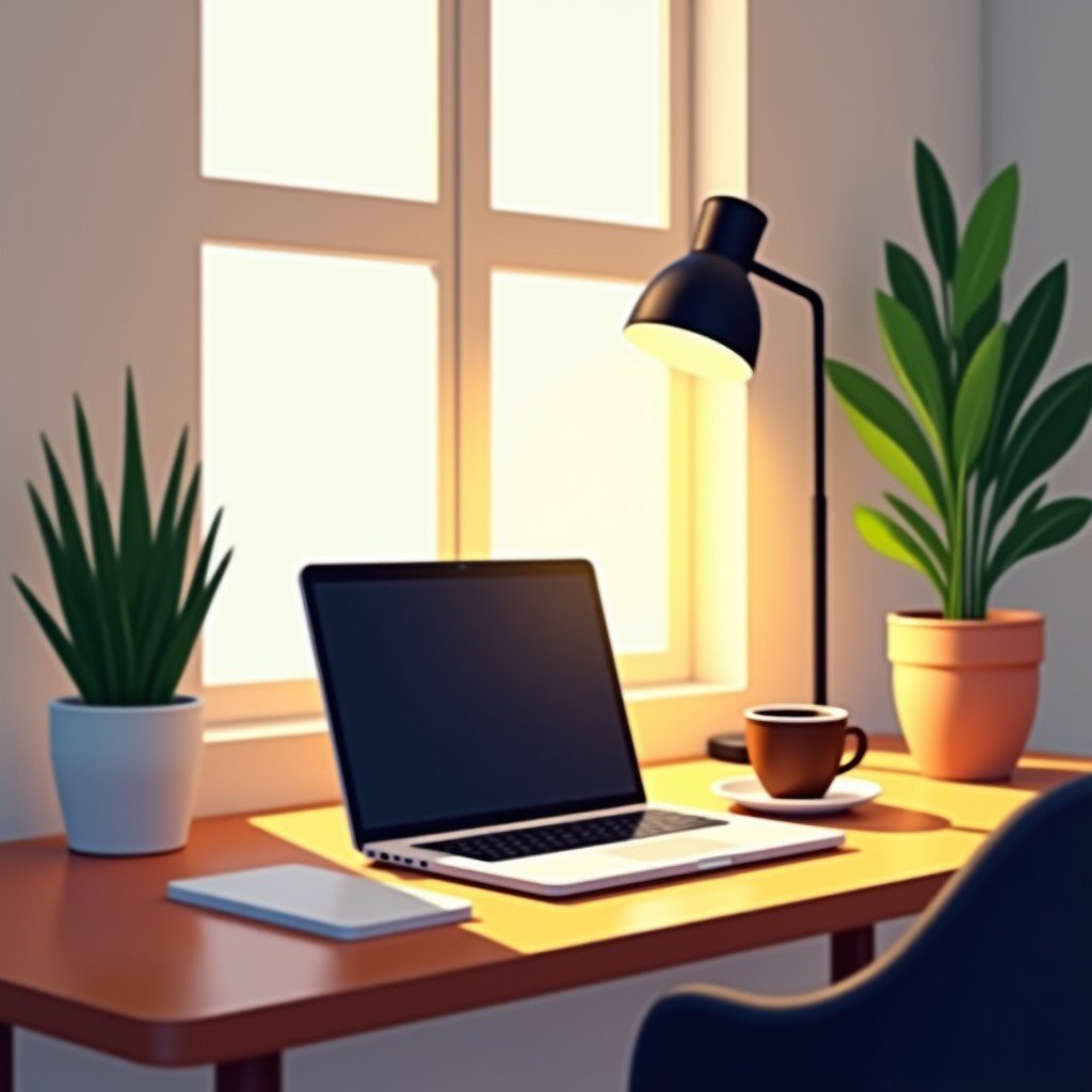 A clean aesthetic home office setup with a laptop and a cup of coffee, cozy workspace atmosphere, warm lighting, 4:3