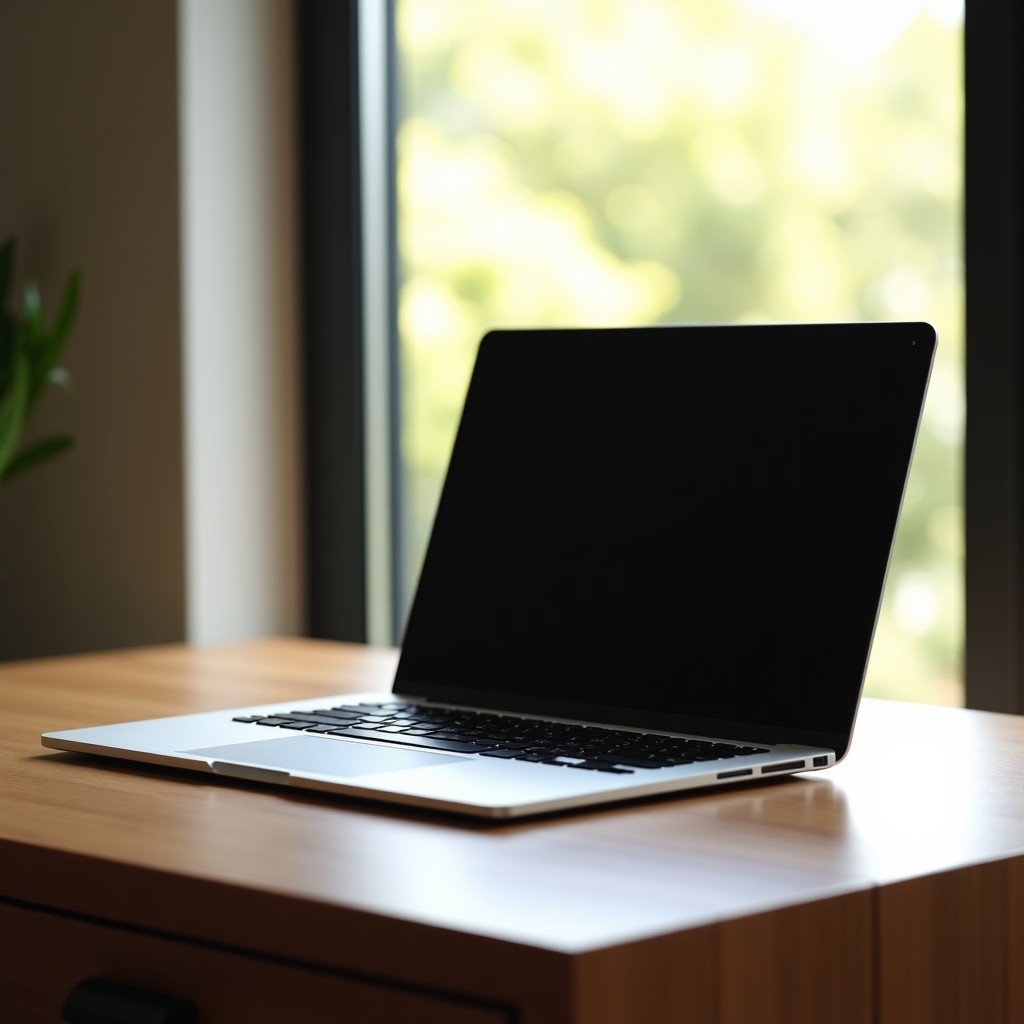 A sleek modern thin laptop placed on a wooden minimalist desk with soft natural sunlight reflecting on the screen, high quality photography, professional workspace, 4:3