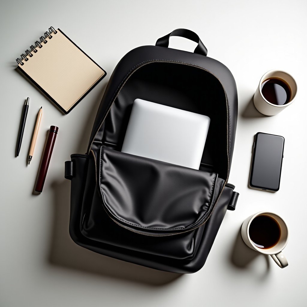 A top view photo of a slim laptop being placed into a stylish leather backpack next to a coffee cup and a notepad, lifestyle photography, high contrast, clean composition. 4:3