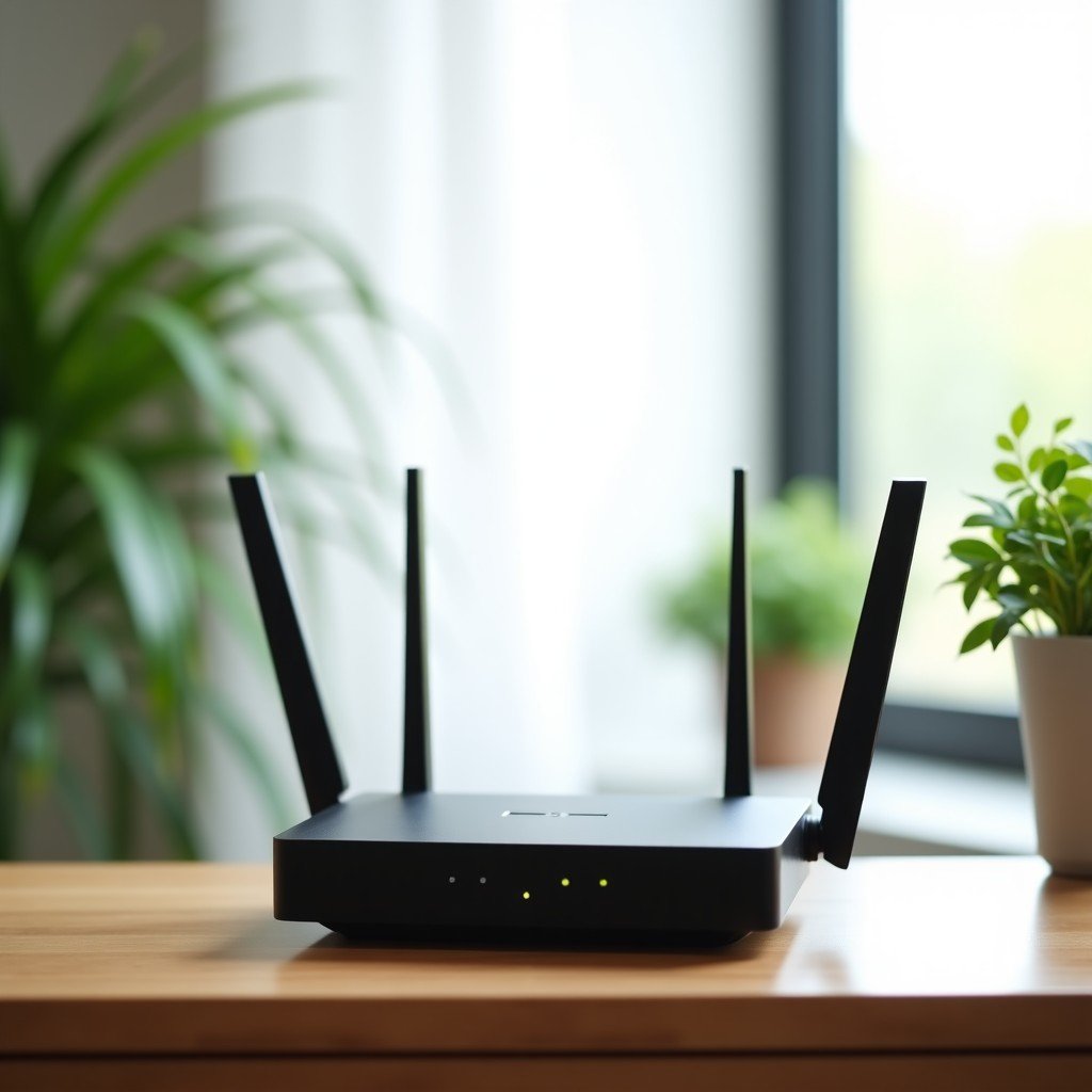 A modern sleek Wi-Fi router sitting on a wooden shelf with soft indoor plants in the background, clean product photography, bright and airy atmosphere, 4:3 aspect ratio.