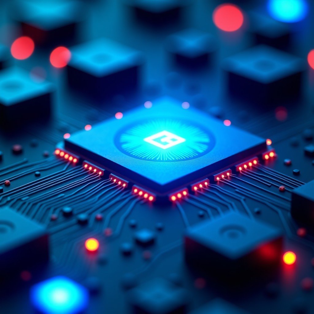 A macro shot of a futuristic computer processor chip with glowing circuits, high tech illustration, dark metallic background, vibrant neon blue lighting, 1:1