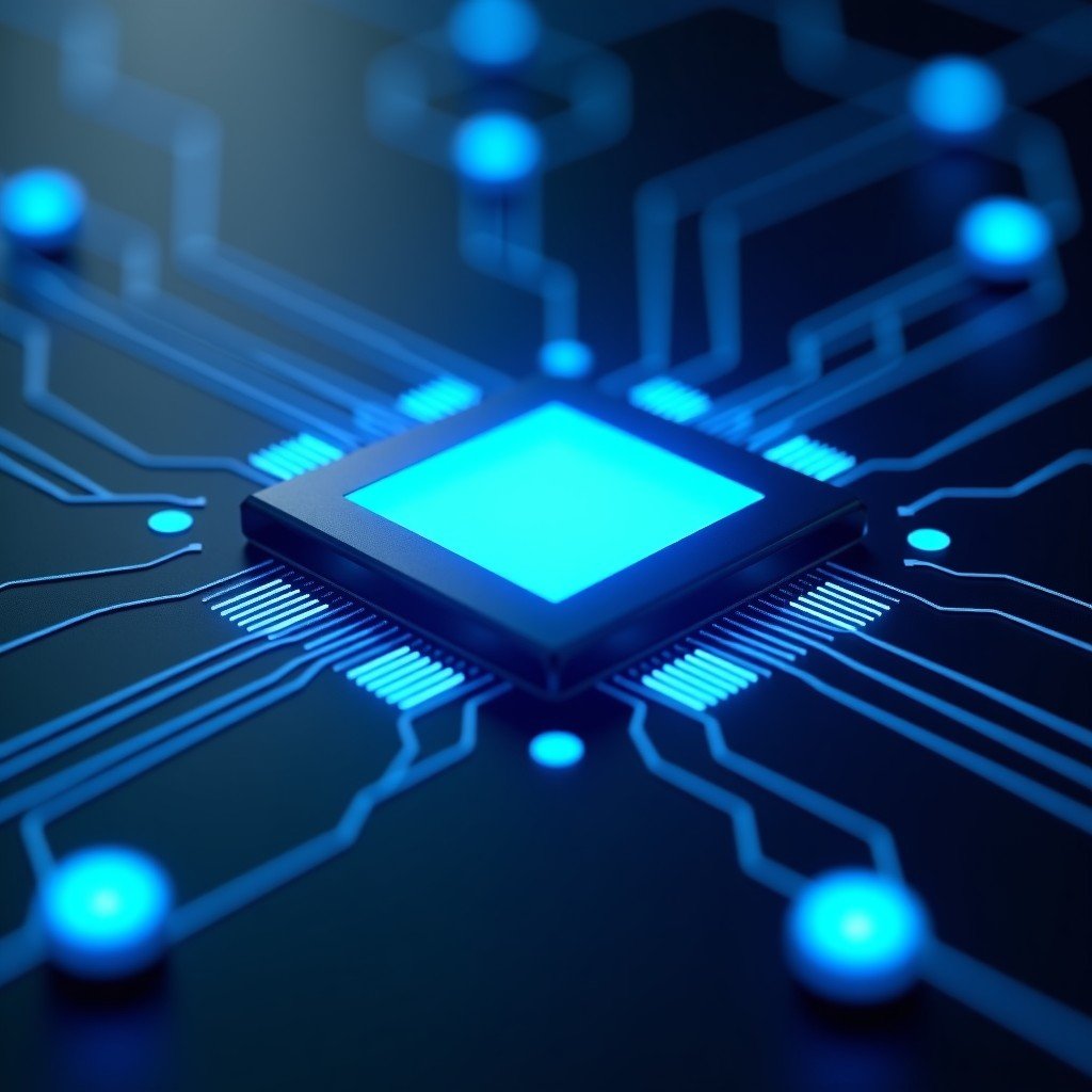 A close up of a futuristic powerful processor chip with glowing blue light paths representing high speed data transfer and AI capabilities. Cinematic lighting, dark background, 3D render. 1:1
