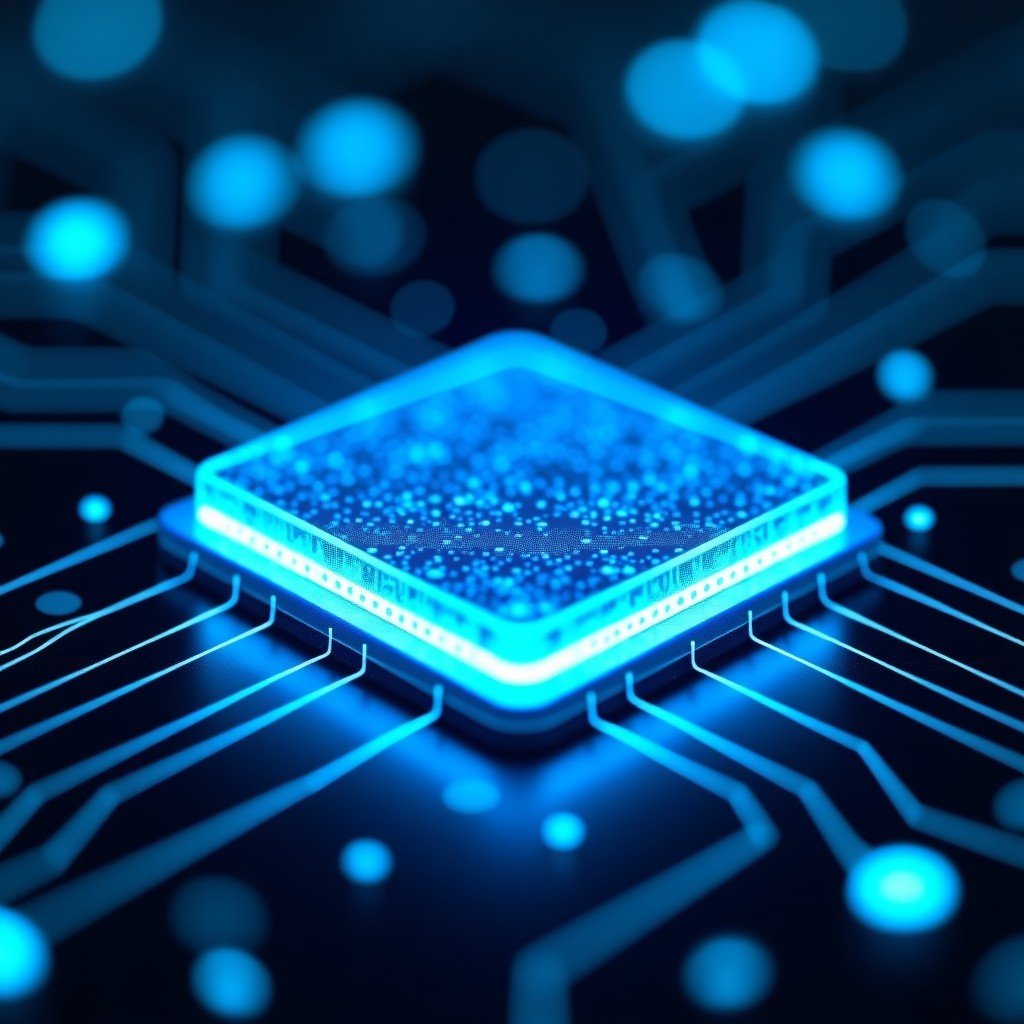 High-tech semiconductor chip glowing with blue light in a futuristic laboratory setting. Microscopic details and neural network patterns visible on the surface. 1:1