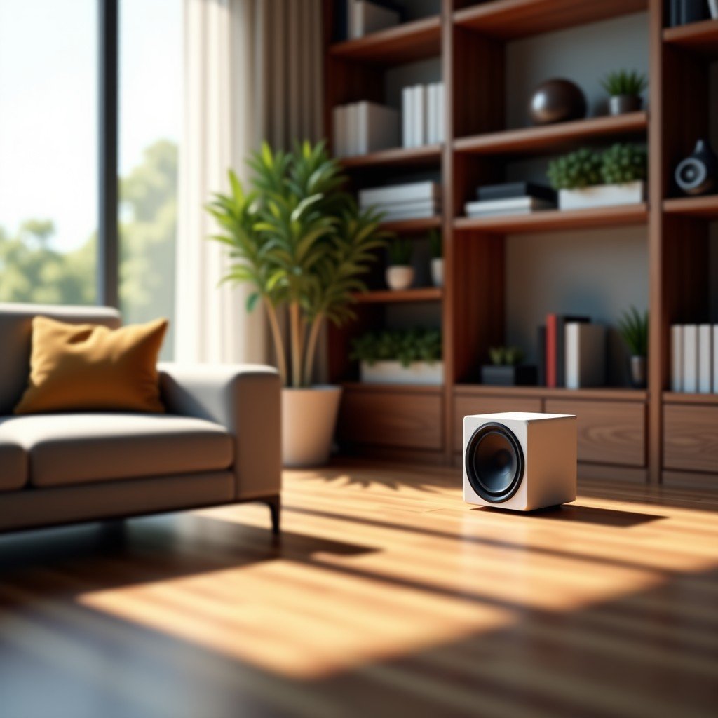 A modern living room interior with a compact speaker on a bookshelf, minimalist decor, warm sunlight, sophisticated atmosphere, 4:3