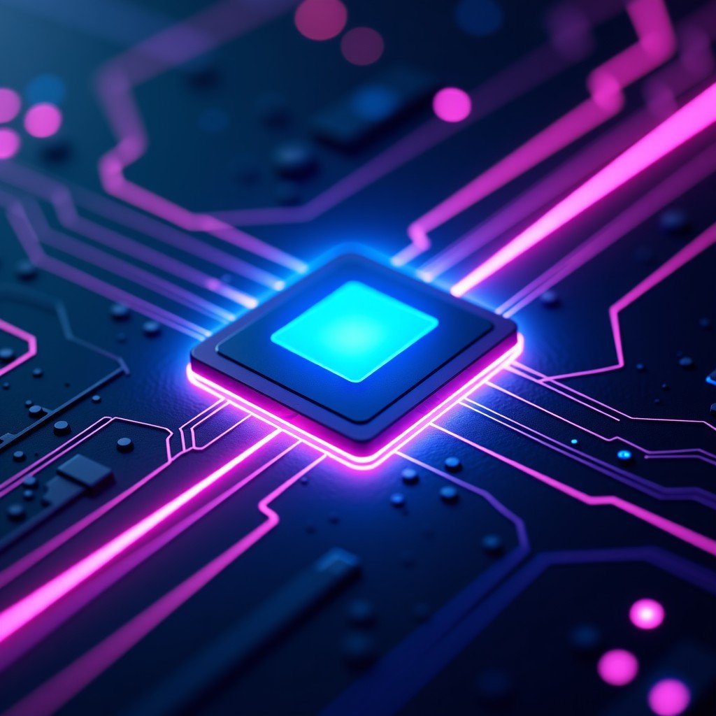 A futuristic and glowing M4 silicon chip centered on a dark high-tech circuit board background. Neon blue and purple light paths flowing from the chip representing data speed. High contrast digital illustration. 1:1