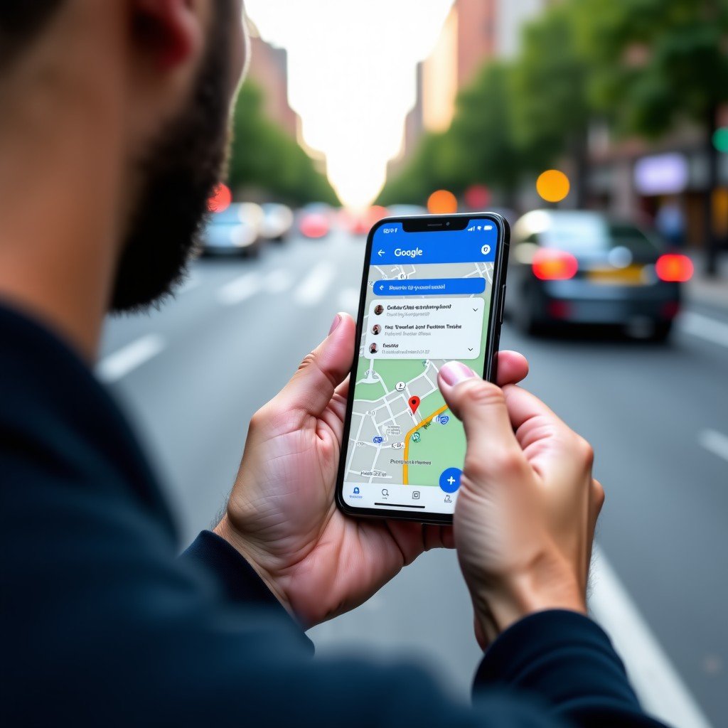 A person using Google Maps on a smartphone in a urban setting, showing a conversational AI interface overlaid on the map. The screen displays helpful travel tips and traffic updates. Realistic lifestyle photography, 4:3