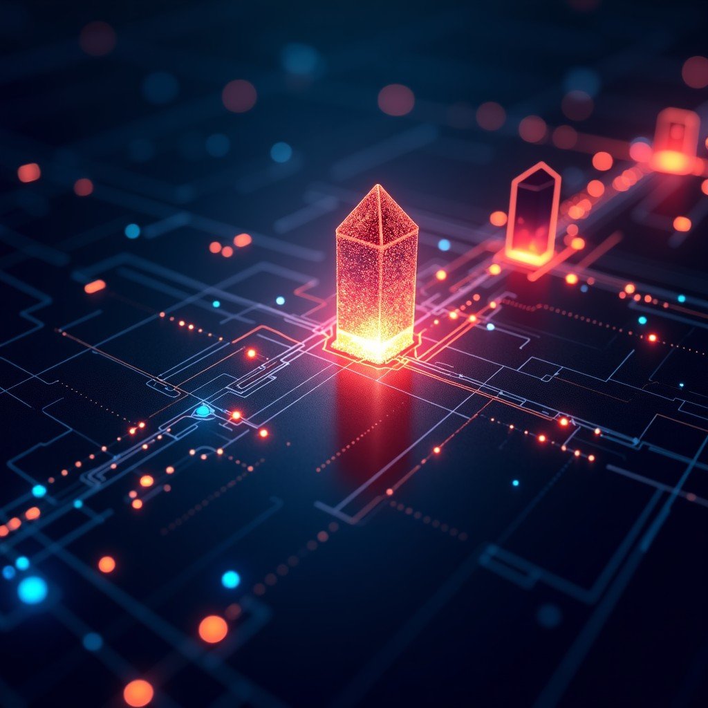 Abstract representation of digital data nodes and government security shields colliding, dark background with vibrant glowing lines, high contrast, 4:3 aspect ratio.
