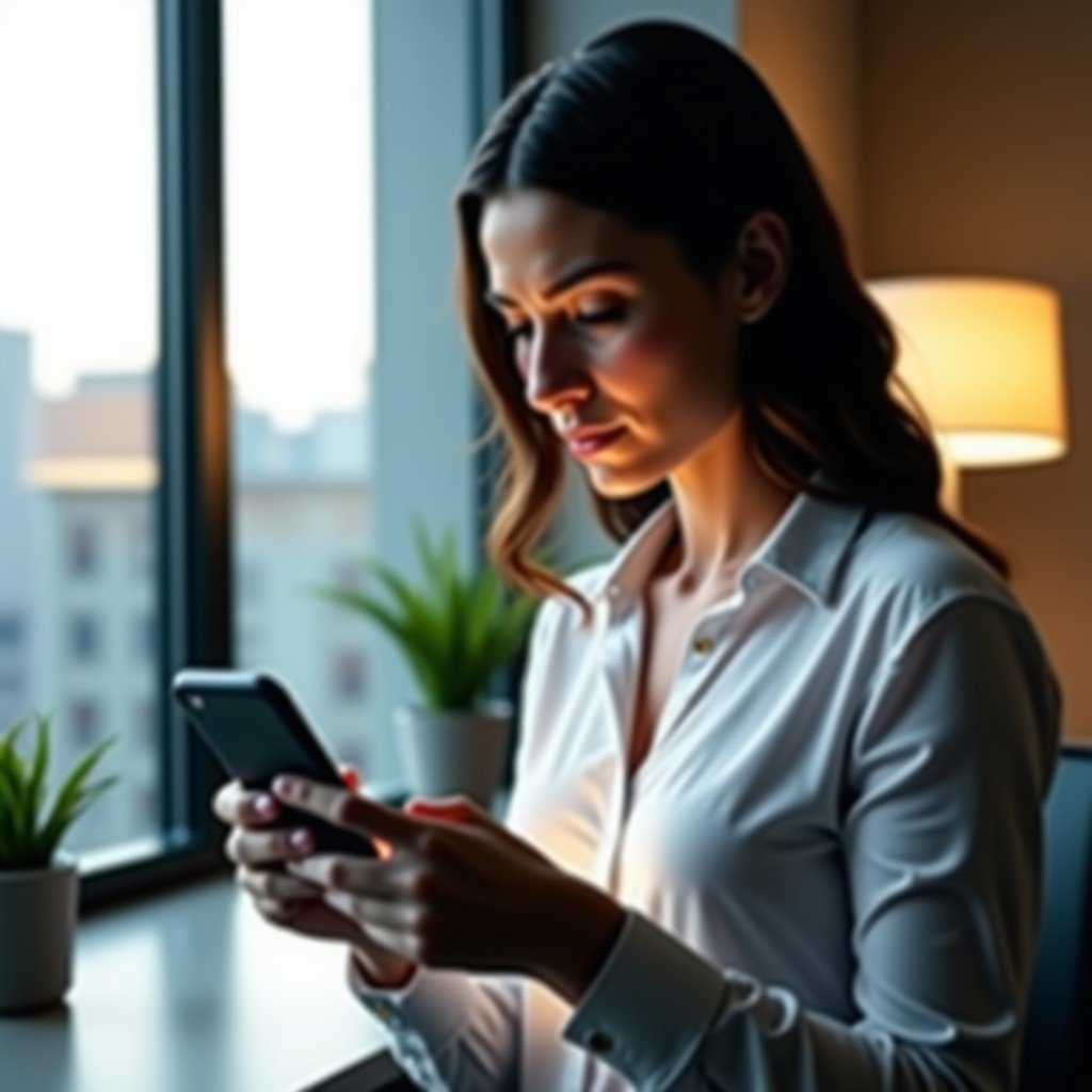 A professional person in a minimalist office looking at a high-end smartphone screen, soft morning light, focused and calm expression, cinematic depth of field, 4:3