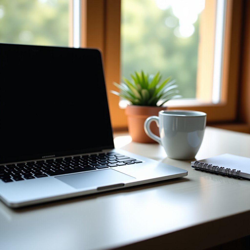 An aesthetic workspace with a sleek laptop, a cup of coffee, and a notepad, natural morning light from a window, lifestyle photography style, 4:3 aspect ratio.