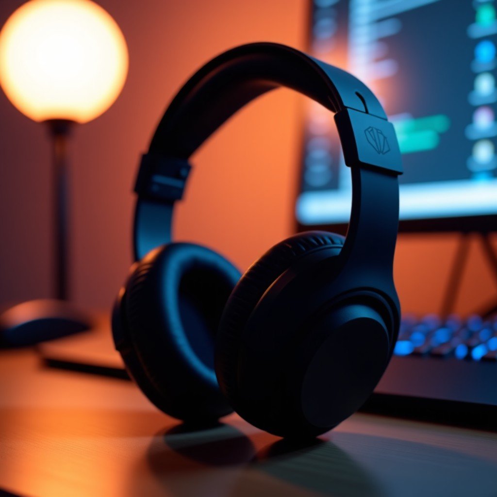 Close-up of modern high-end headphones on a desk, warm ambient lighting, minimalistic setup, high resolution, 4:3.