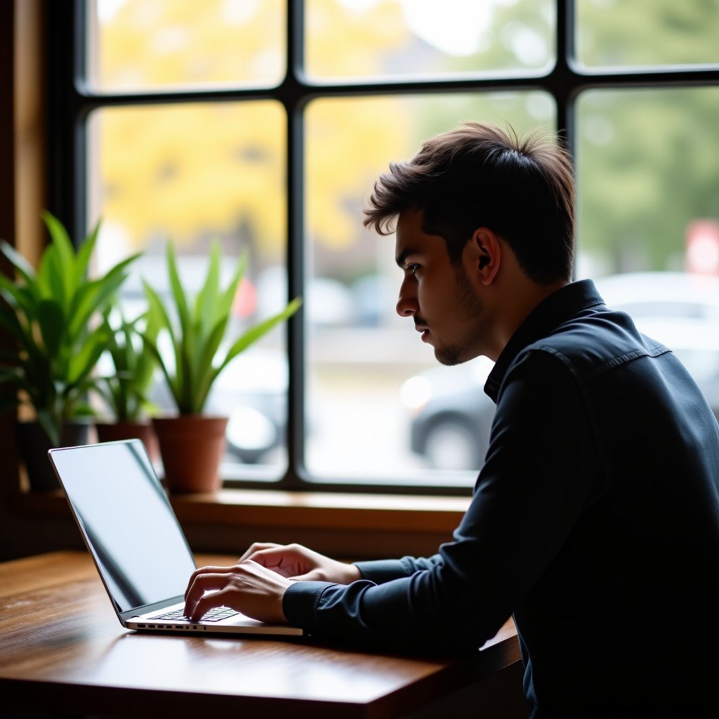 A person working on a laptop at a bright cafe, focused and comfortable, natural atmosphere, high resolution, 4:3 aspect ratio.