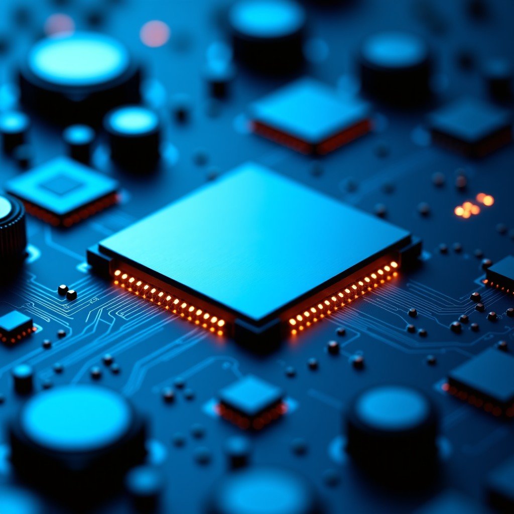 A high-tech close-up of a computer circuit board with a glowing central processor chip, blue and silver color palette, futuristic and clean look, macro photography style. 4:3