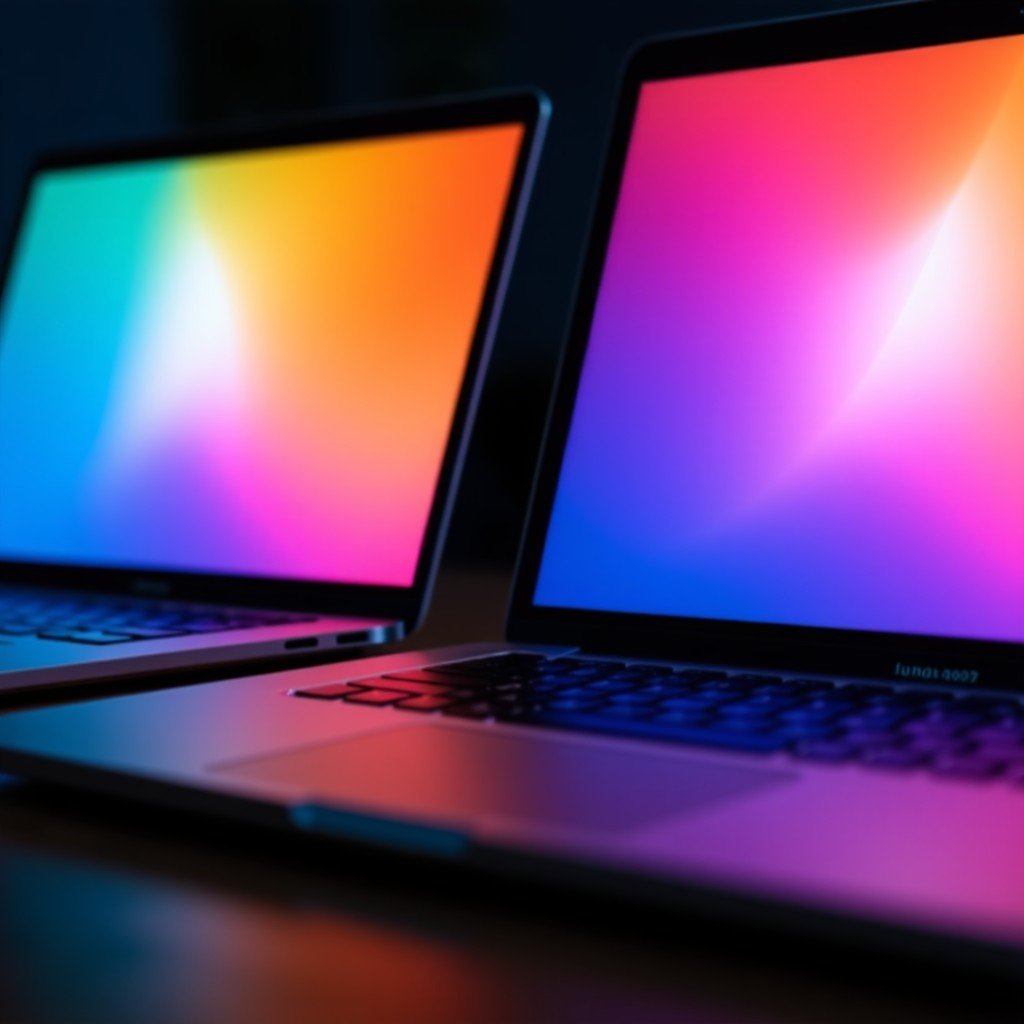 Close up of two different laptop screens showing vibrant color spectrums on a high-end display, professional tech photography, macro shot, high contrast, 4:3 aspect ratio.