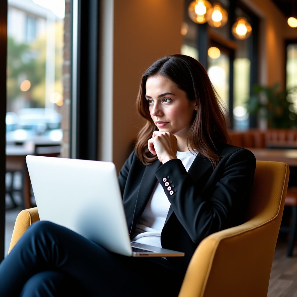 A person sitting in a comfortable cafe chair holding a sleek laptop and thinking, natural indoor lighting, cozy and warm atmosphere, 4:3 aspect ratio.