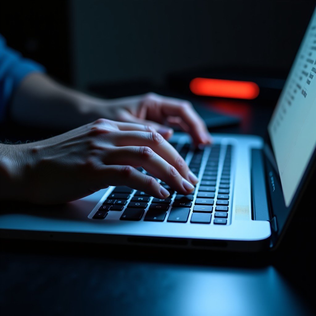 A close-up shot of a person typing on a modern laptop keyboard in a dimly lit room, focusing on the texture of the keys, cinematic lighting, 4:3 aspect ratio.