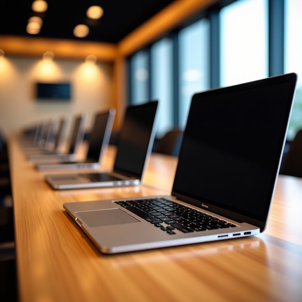 Interior of a high-end tech flagship store showing a row of latest laptops on a long wooden table, blurred background with warm lighting, 4:3