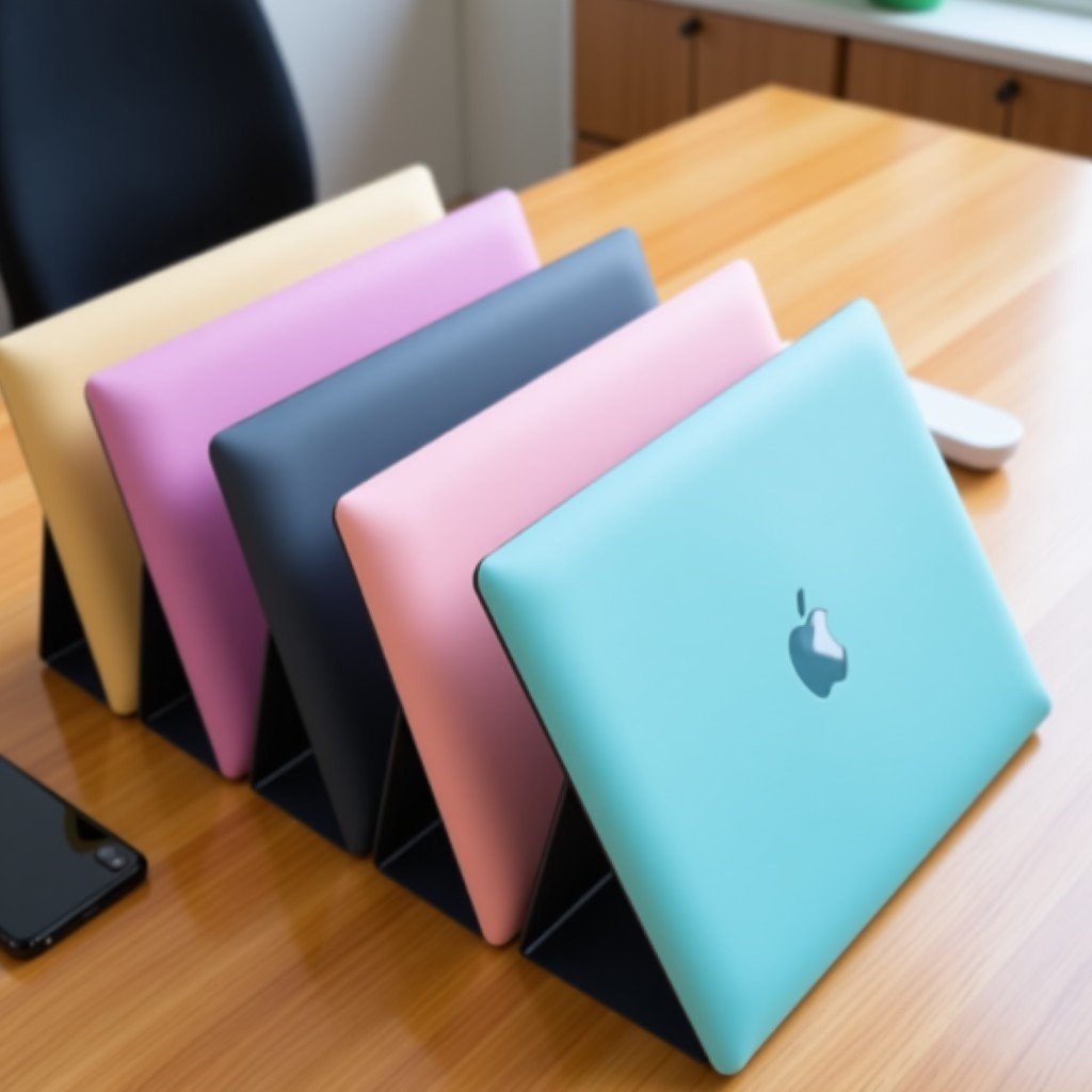 A group of colorful and slim laptops arranged neatly on a wooden desk, showing a variety of pastel tones, alongside a modern smartphone, clean lifestyle photography, 4:3
