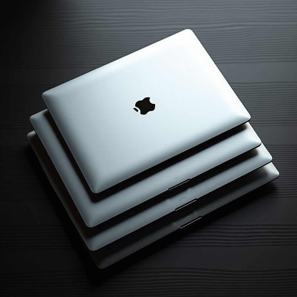 A professional top-down view of different sized metallic laptops arranged neatly on a dark wooden desk. The laptops vary slightly in thickness and size. The composition is balanced and clean reflecting a well-organized product lineup. Cinematic lighting with subtle shadows. 4:3