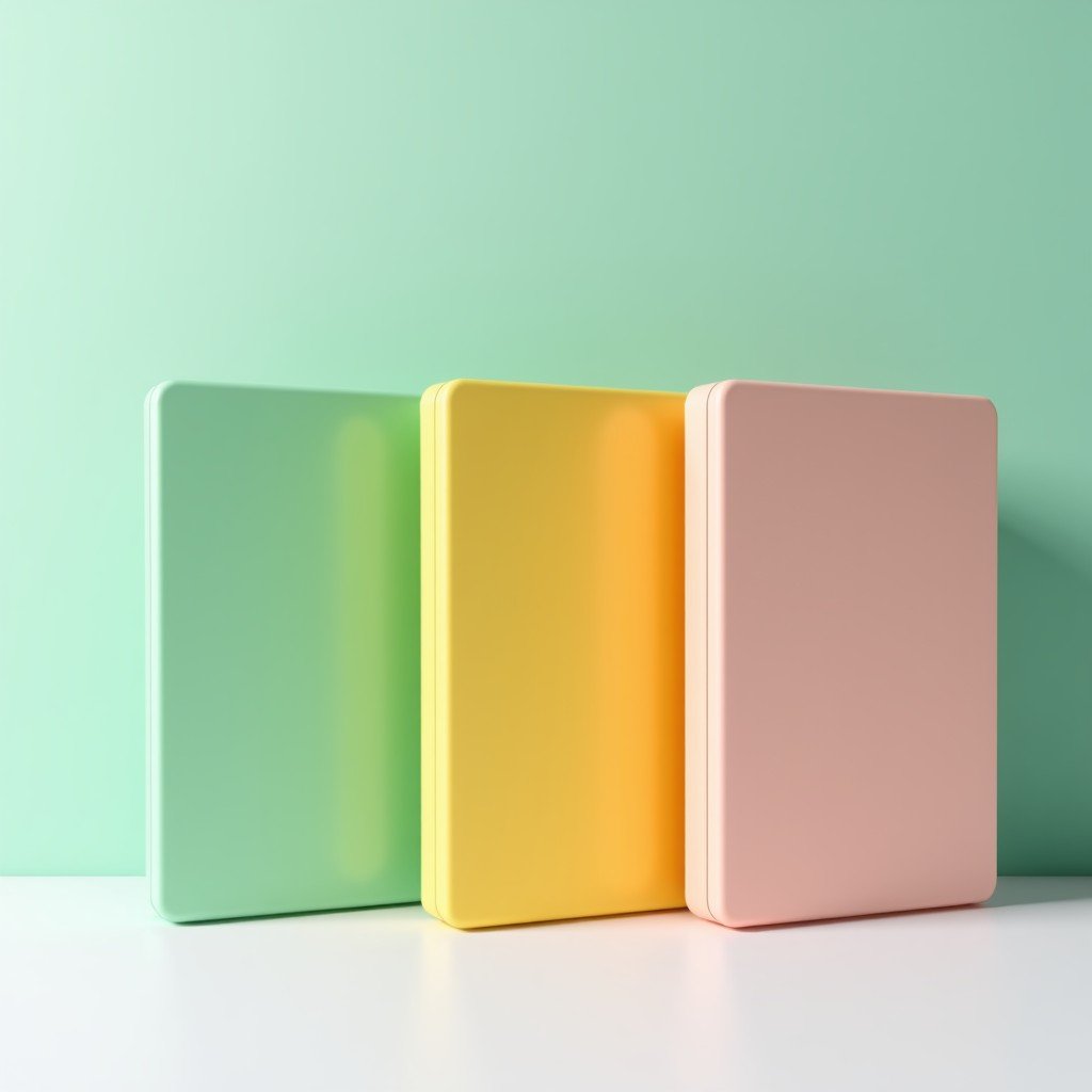 A row of colorful slim laptops in pastel green, soft yellow, and light pink, arranged neatly on a clean white surface, high contrast, modern product photography, 4:3
