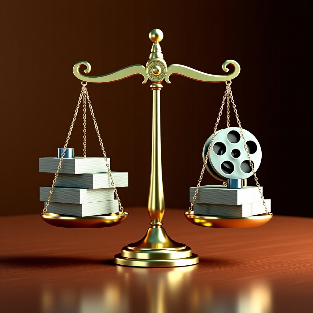 Realistic conceptual photography of a golden scale with stacks of modern currency on one side and film reels and digital streaming icons on the other, professional studio lighting, mahogany desk background, 4:3