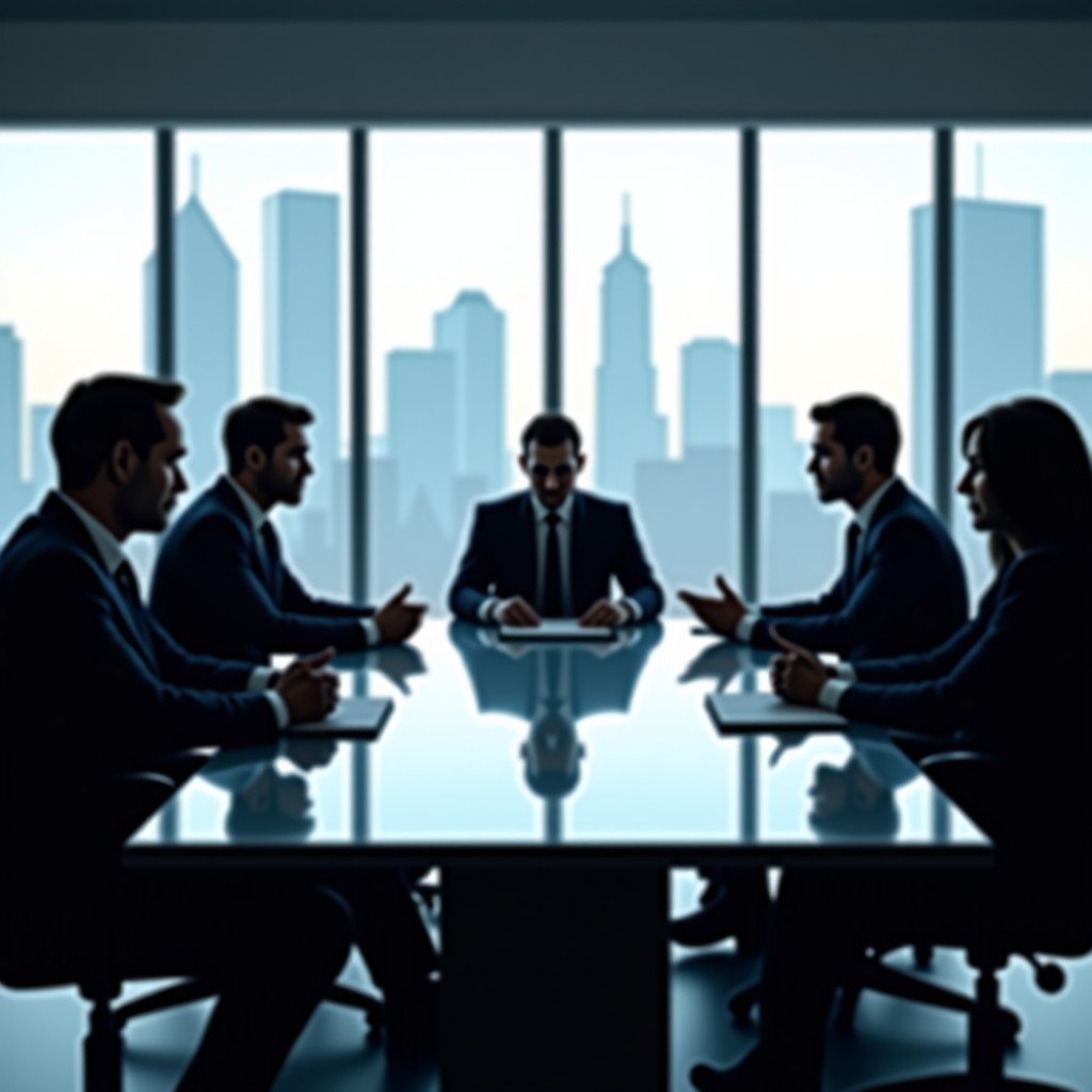 High-end corporate boardroom meeting with professional executives, cinematic focus, glass windows with a city skyline in the background, sharp suits, serious atmosphere, realistic photography, 4:3