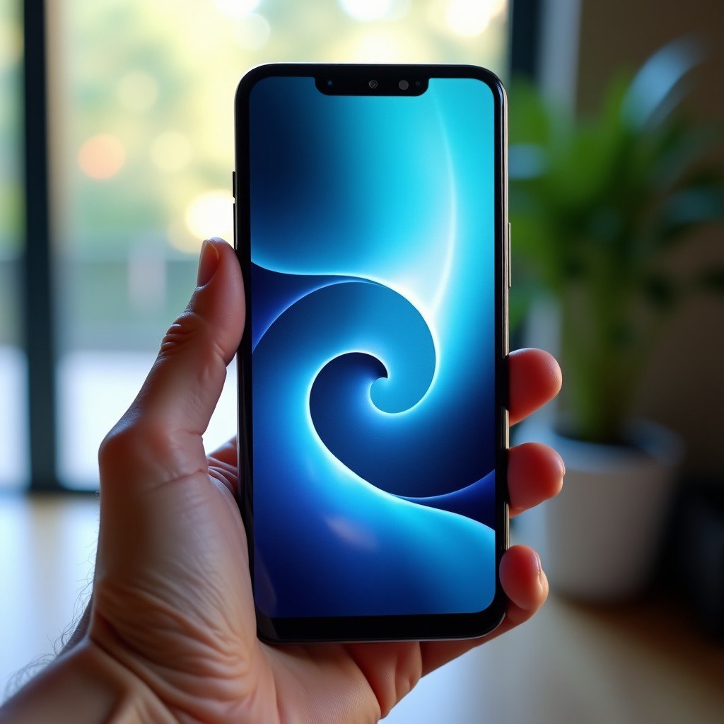 A foldable smartphone being held by a hand, showing a large seamless inner screen with high definition graphics, futuristic and slim design, natural lighting, 4:3