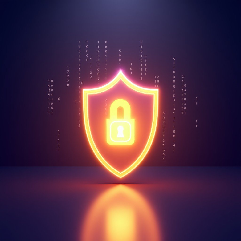 A conceptual digital art piece representing data privacy and protection. A glowing translucent shield surrounding a central core of light with floating binary code in the background. Deep purple and gold color palette. High quality 3D render. 4:3