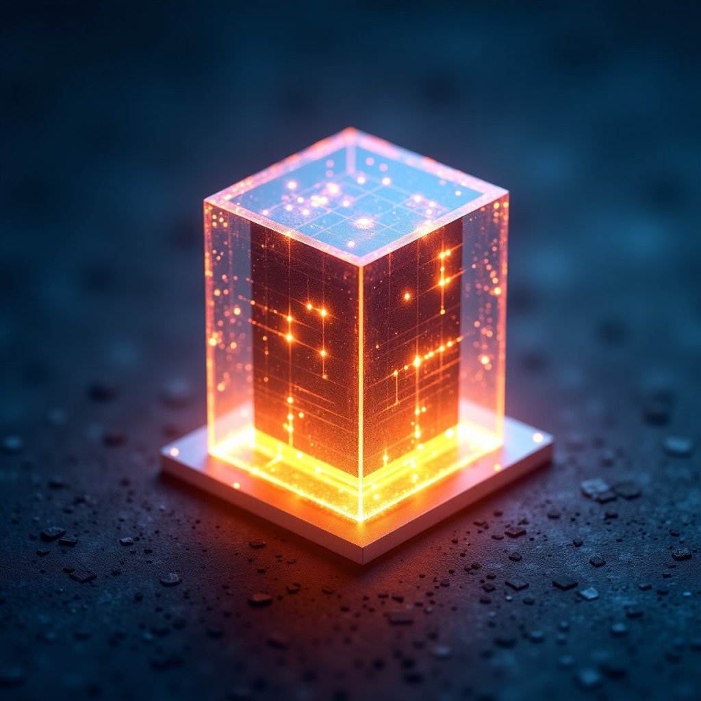 An artistic rendering of a glowing digital data center surrounded by a translucent protective crystalline barrier. Textured background with a sense of depth and scale. 4:3