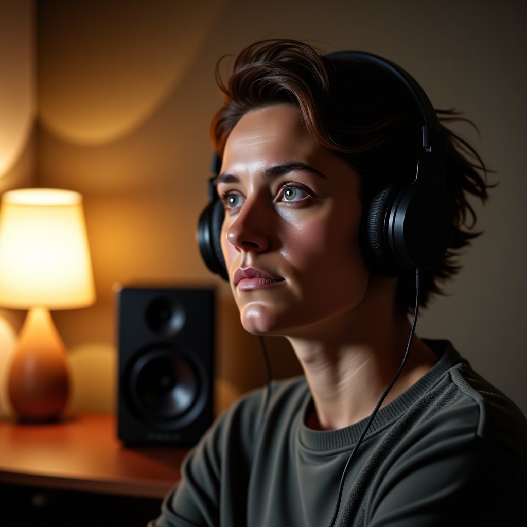 Person listening to music with headphones, thoughtful expression, warm lighting in a modern interior, cinematic composition, 4:3