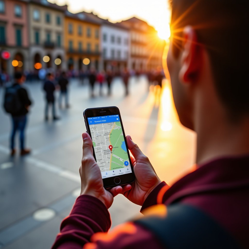 A high-angle shot of a traveler standing in a vibrant city plaza, holding a smartphone showing a detailed and colorful Google Map. The lighting is warm and sunset-like, reflecting a positive user experience. 4:3