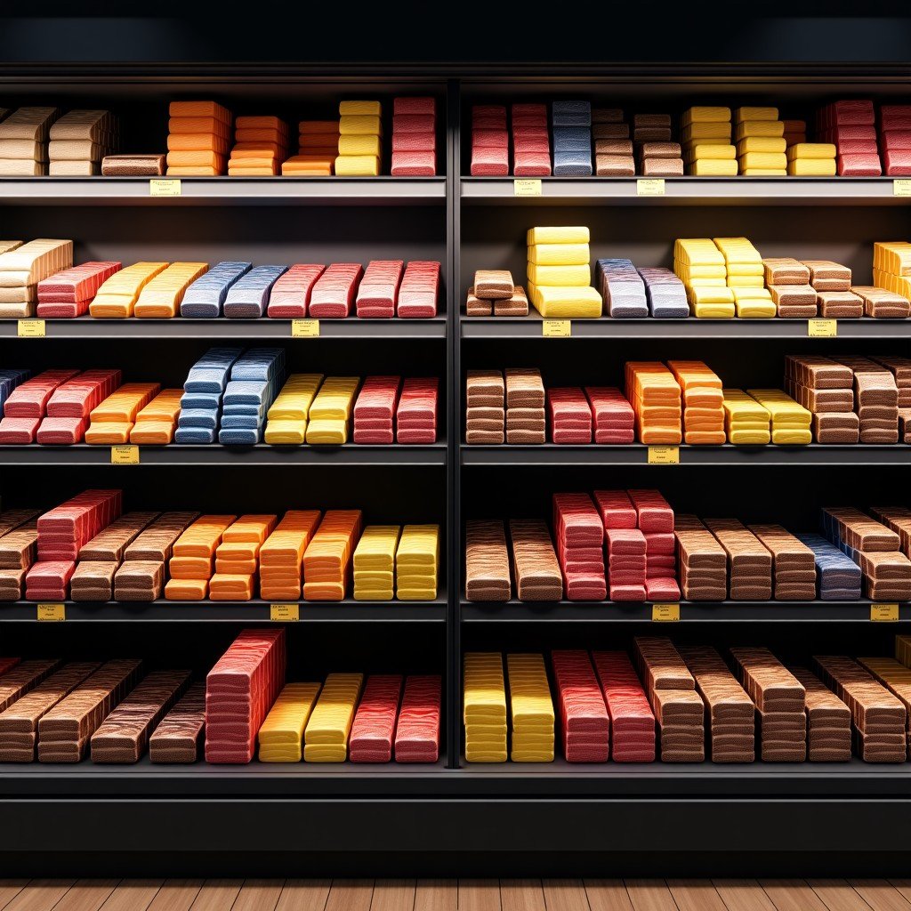 A wide-angle interior shot of a modern European grocery store shelf filled with colorful square chocolate bars in organized rows. The lighting is bright and professional, highlighting the vibrant packaging designs. No text. 4:3