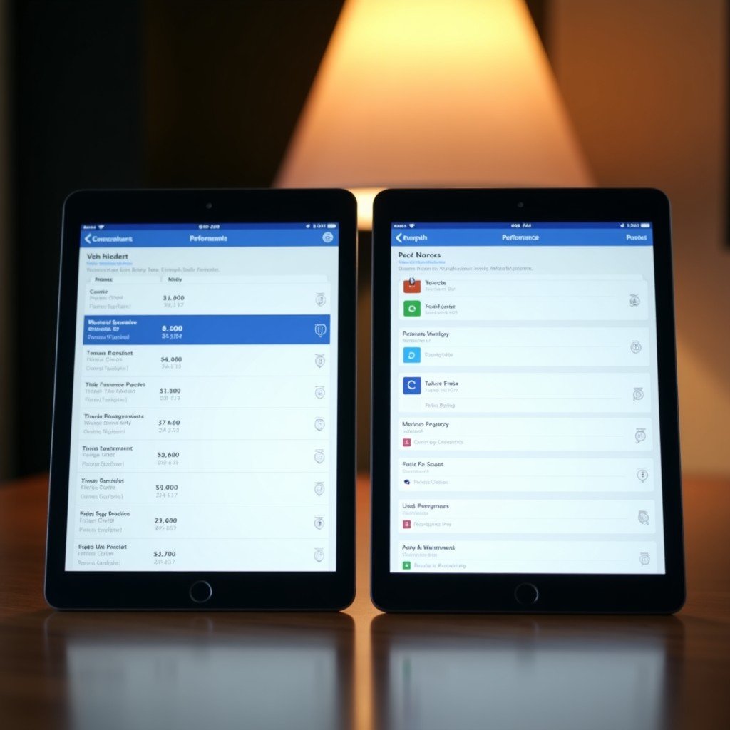 Two identical looking tablets placed side by side on a desk. One screen shows performance benchmarks while the other shows a standard app. Subtle visual comparison style. 1:1
