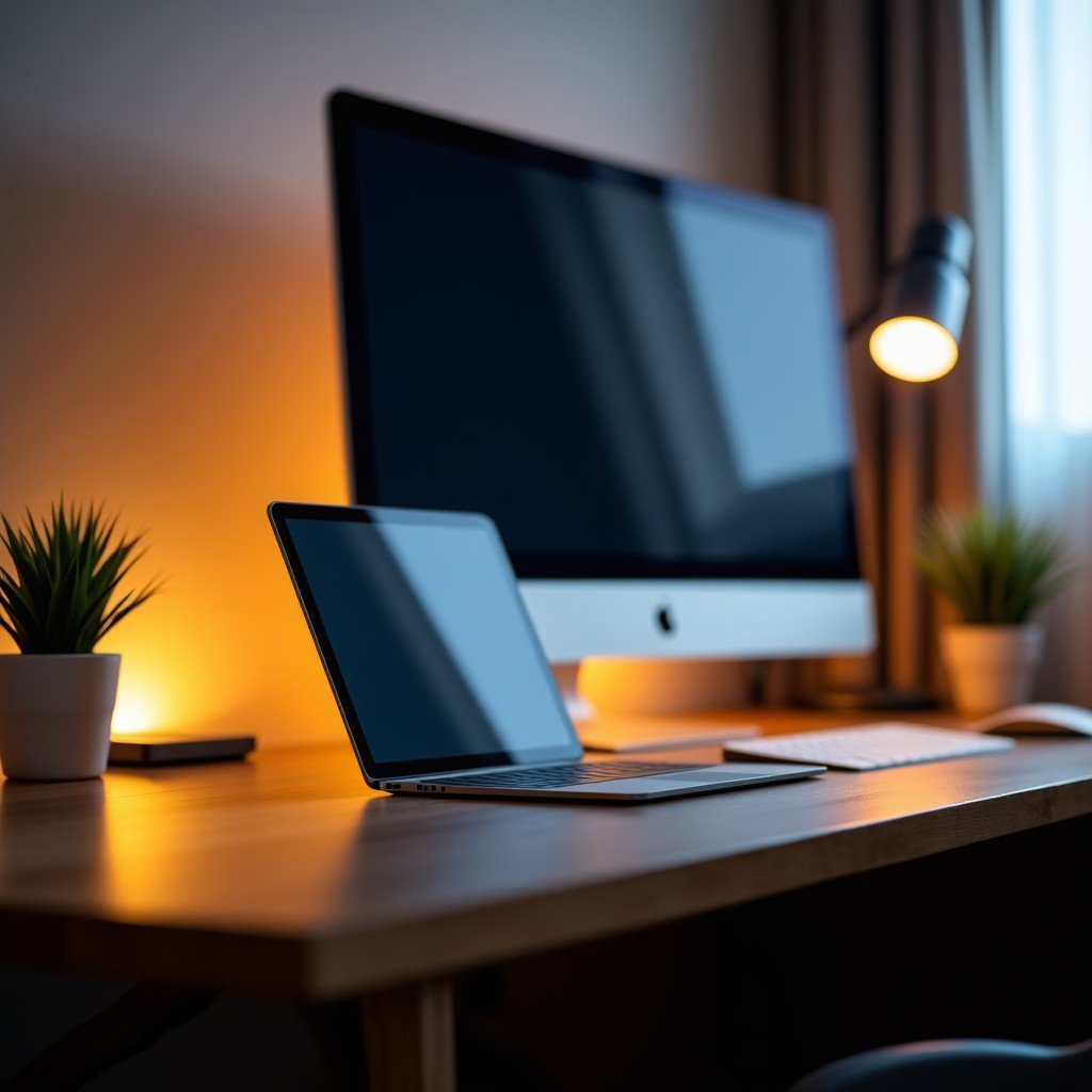 A modern home office setup with a high end tablet and accessories, soft ambient light, warm and inviting atmosphere, 4:3 aspect ratio