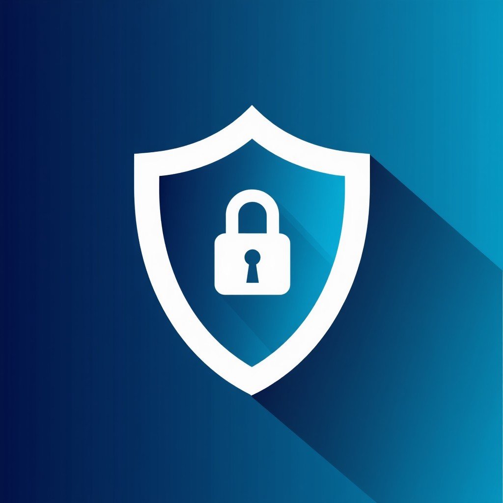 A clean and modern infographic-style image showing a digital shield and a lock icon protecting a smartphone. High contrast with blue and white tones representing security and technology. 1:1