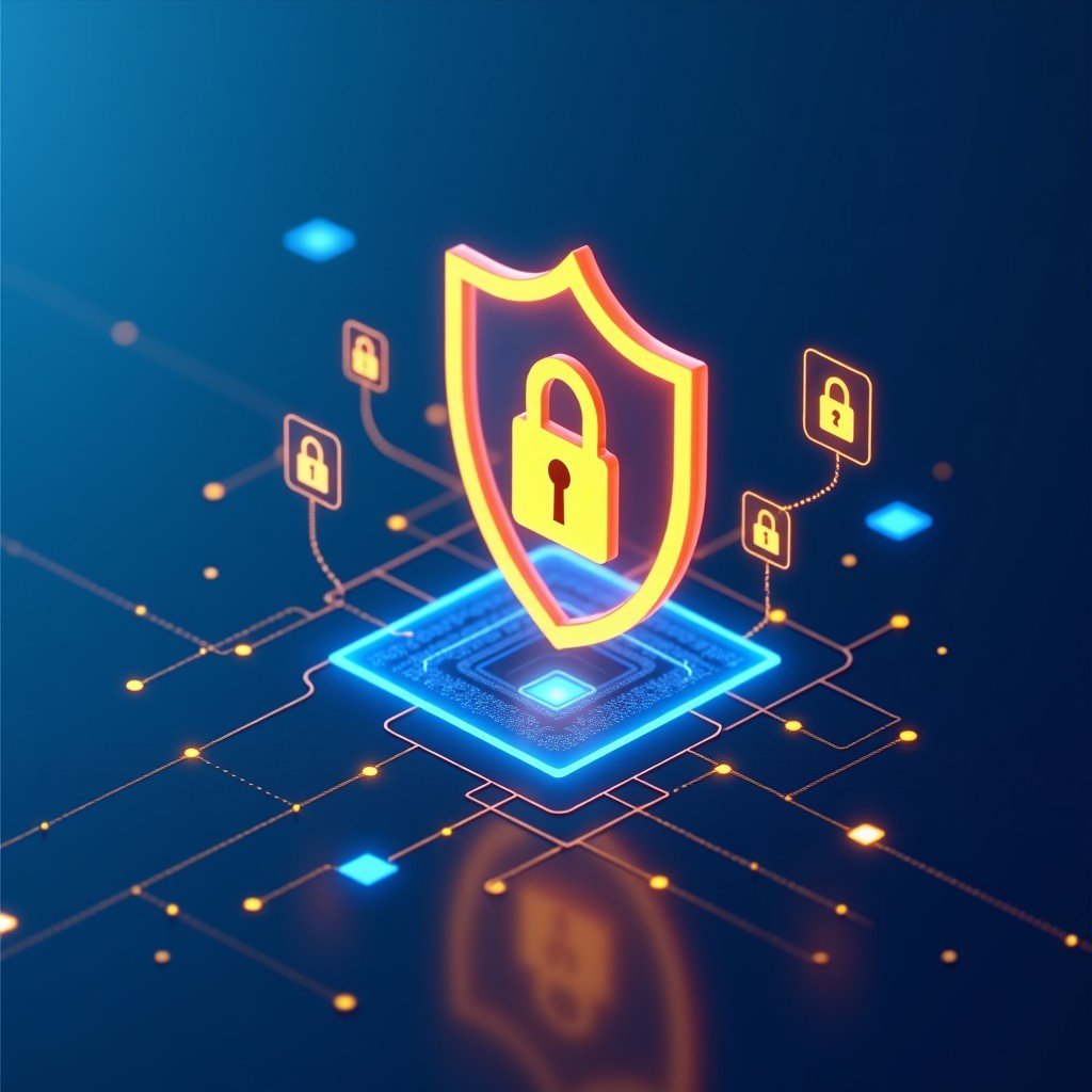 A conceptual illustration of web security featuring a glowing digital shield and a padlock icon floating over a network grid. Professional blue and gold tones. 4:3